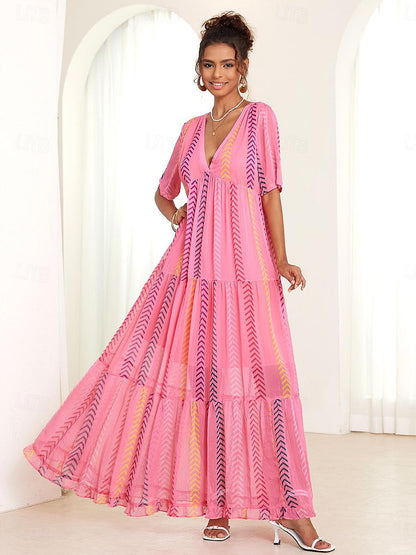 Women's Chiffon Print V Neck Long Dress Maxi Dress Party Short Sleeve Summer