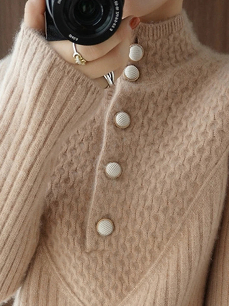 Women's Cardigan Stand Collar Ribbed Knit Polyester Button Knitted Fall Winter Regular Outdoor Daily Going out Stylish Casual Soft Long Sleeve Solid Color White Khaki S M L