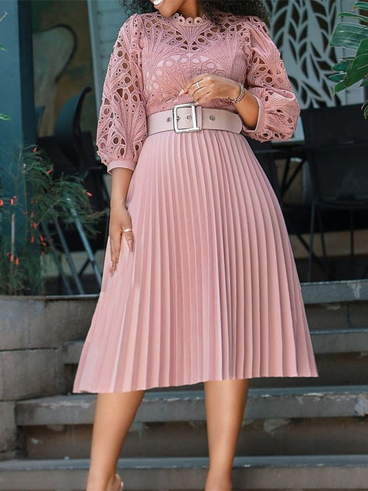 Women's Dress - Sheath Dress Church Dress Knee Length Dress Black White Pink Long Sleeve Pure Color Pleated Summer Spring Crew Neck Fashion Winter Dress Fall Dress 2023 S M L XL XXL 3XL 3XL