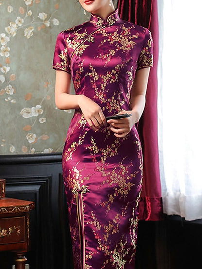 Women's Dress - Semi Formal Dress Sheath Dress Cheongsam Dress Maxi long Dress Black Pink Wine Short Sleeve Floral Embroidered Summer Spring Mandarin Collar Elegant Wedding Guest Spring Dress Slim 2023 S M L
