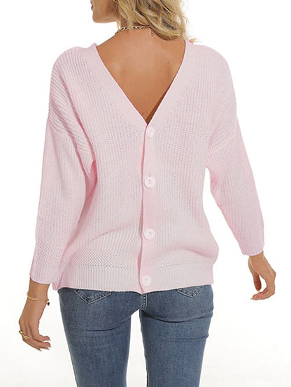 Women's Pullover Sweater Jumper Cardigan Sweater Crew Neck Ribbed Knit Acrylic Button Summer Spring Daily Going out Weekend Stylish Casual Soft Long Sleeve Solid Color Black White Pink S M L