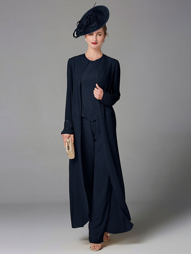 Jumpsuit / Pantsuit 3 Piece Mother of the Bride Dress Formal Plus Size Elegant Wrap Included Bateau Neck Floor Length Chiffon Sleeveless with Beading Appliques 2023 - LuckyFash™
