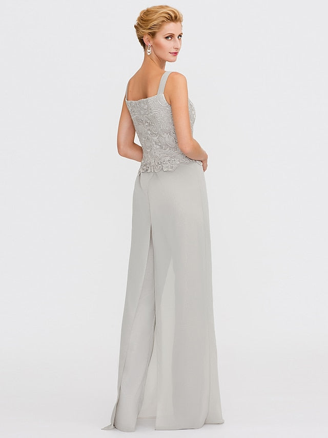 Jumpsuit / Pantsuit Mother of the Bride Dress Formal Plus Size Elegant Square Neck Floor Length Chiffon Corded Lace Sleeveless Wrap Included with Lace Appliques 2023 - LuckyFash™