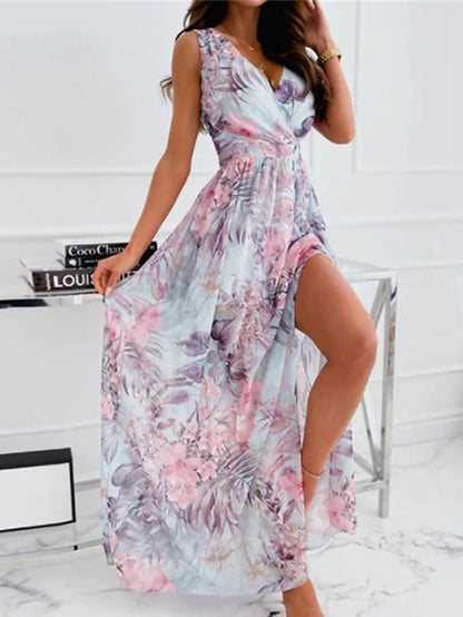 Women's Dress - Swing Dress Long Dress Maxi Dress Pink White Sleeveless Floral Split Spring Summer V Neck Weekend 2023 S M L XL XXL