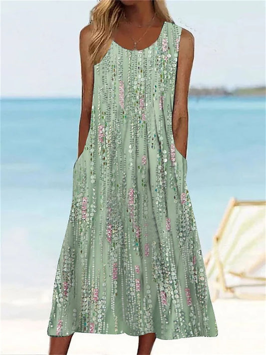 Women's Dress - Casual Dress Tank Dress Summer Dress Graphic Floral Ruched Pocket Crew Neck Midi Dress Fashion Modern Outdoor Daily Sleeveless Regular Fit Light Green Blue Brown Summer Spring S M L XL XXL