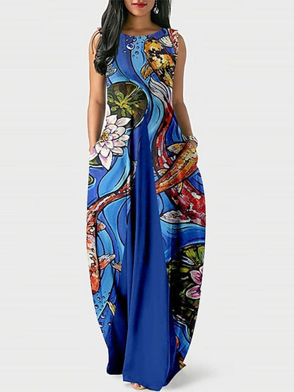 Women's Dress - Party Dress Shift Dress Long Dress Maxi Dress Blue Wine Dark Blue Sleeveless Floral Pocket Spring Summer Crew Neck Party 2023 S M L XL XXL 3XL