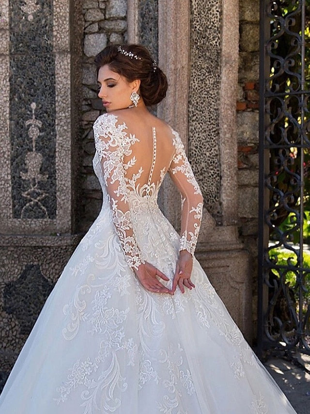 Engagement Formal Wedding Dresses Ball Gown Illusion Neck Long Sleeve Court Train Lace Bridal Gowns With Lace Appliques 2023 Summer Wedding Party, Women's Clothing - LuckyFash™