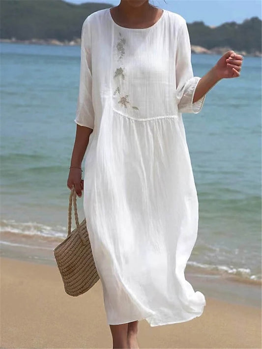 Women's Dress - Casual Dress Shift Dress Summer Dress Graphic Basic Print Crew Neck Midi Dress Fashion Basic Outdoor Daily 3/4 Length Sleeve Regular Fit White Summer Spring S M L XL 2XL