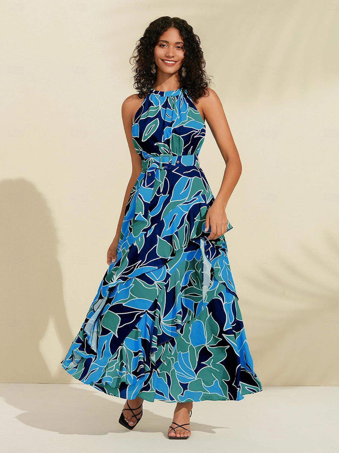 Floral Ruffle Chiffon Maxi Dress(Belt Included）