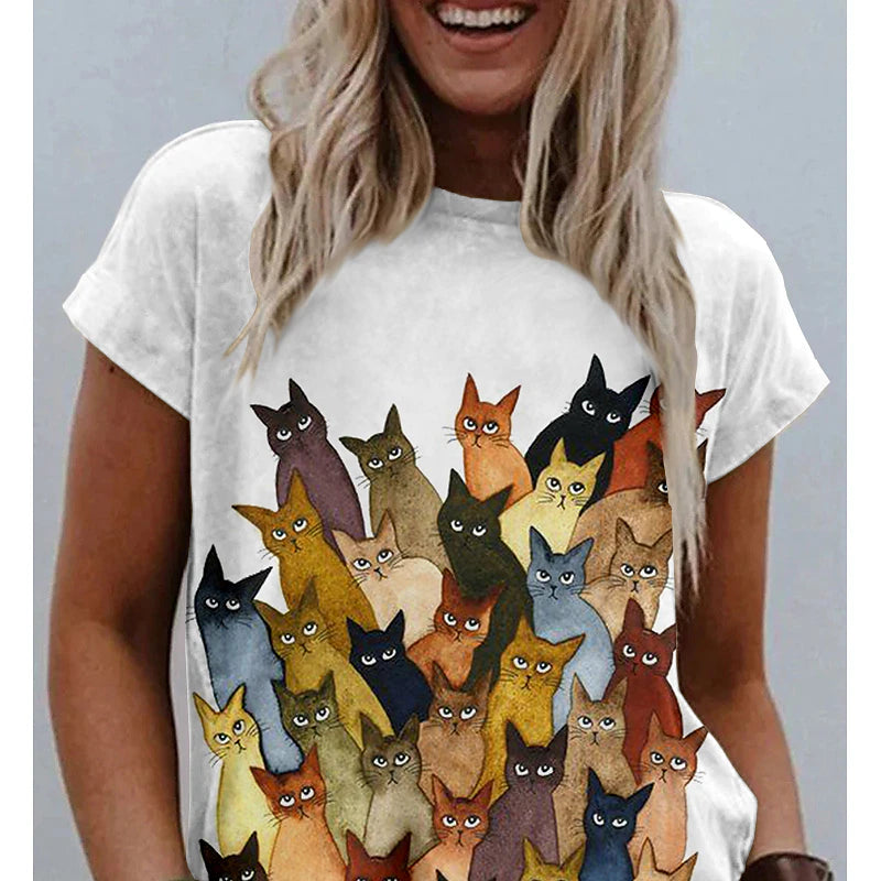 Graphic Cat Print Women's T-shirt with Shoulder Cut-outs