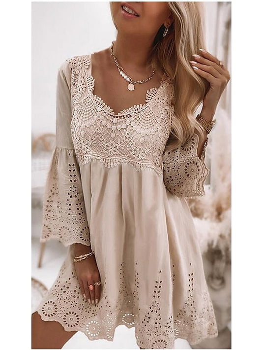 Women's Dress - Casual Dress Lace Dress Summer Dress Plain Lace Hollow Out U Neck Mini Dress Fashion Streetwear Outdoor Daily 3/4 Length Sleeve Loose Fit White Green Apricot Summer Spring S M L XL XXL