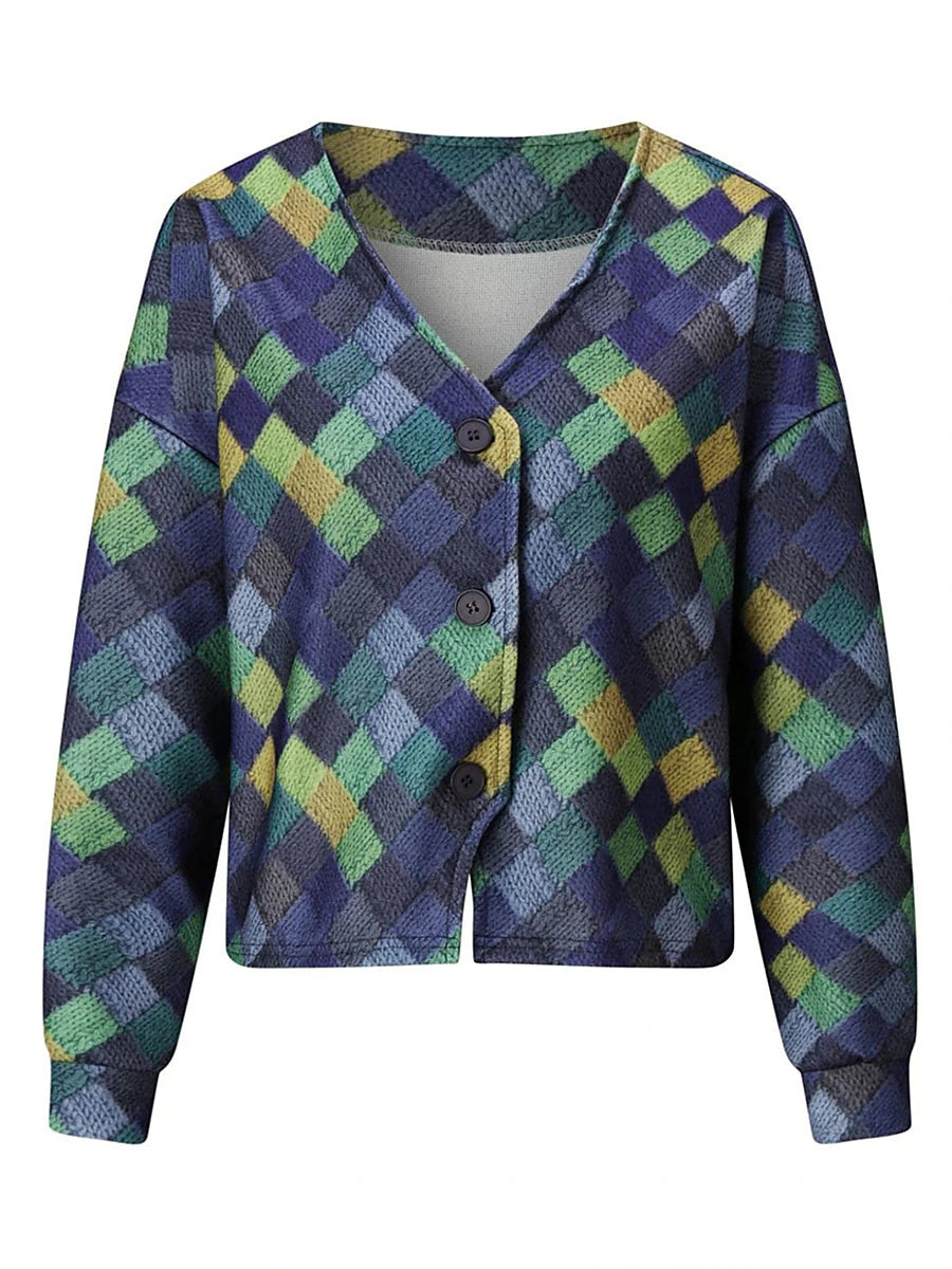 Women's Casual Jacket Street Daily Wear Vacation Fall Winter Regular Coat V Neck Loose Fit Windproof Breathable Stylish Sporty Chic & Modern Jacket Long Sleeve Stripes and Plaid Print Red Blue Green