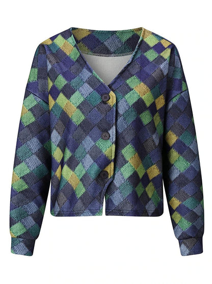 Women's Casual Jacket Street Daily Wear Vacation Fall Winter Regular Coat V Neck Loose Fit Windproof Breathable Stylish Sporty Chic & Modern Jacket Long Sleeve Stripes and Plaid Print Red Blue Green