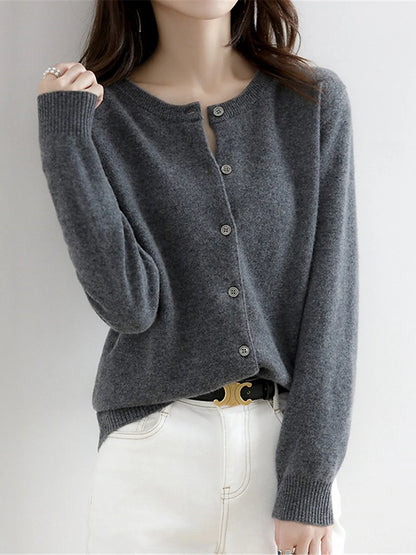 Women's Cardigan Sweater Jumper Ribbed Knit Button Solid Color Crew Neck Stylish Casual Outdoor Daily Autumn Winter Wine Red Big red S M L