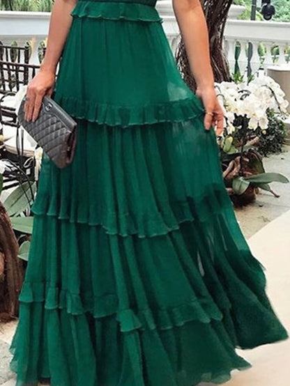 Women's Dress - Prom Party Dress Swing Dress Emerald Green Dress Long Dress Maxi Dress Green Sleeveless Pure Color Ruffle Spring Summer Spaghetti Strap Romantic Slim 2023 S M L XL