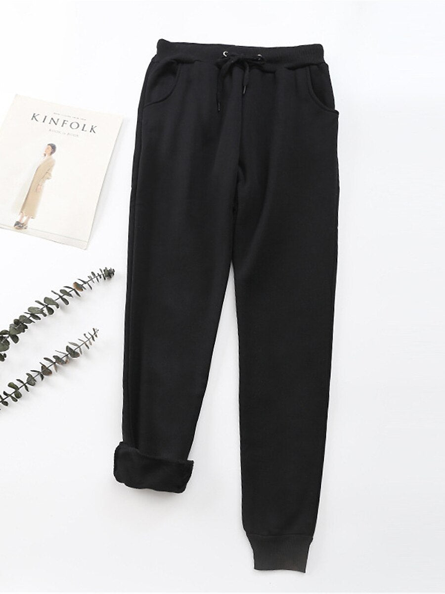 Women's Fleece Pants Polyester Solid Color Light Gray Dark-Gray Fashion High Waist Full Length Street Daily Fall Winter
