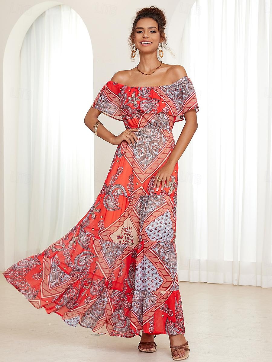 Women's Paisley Maxi Dress Off Shoulder Chiffon A Line Dress Ruffle Trim Boho Vacation Short Sleeve Summer