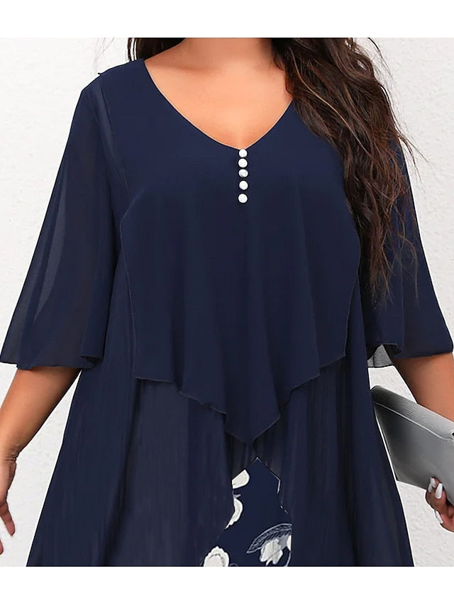 Women's Plus Size Curve Work Dress Floral V Neck Ruched 3/4 Length Sleeve Spring Summer Work Elegant Midi Dress  Layered Formal Vacation Dress - LuckyFash™