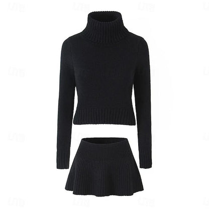 Set with Cropped Turtleneck Sweater Knitted Mini Skirt 2 PCS Sexy Cute Y2K Casual Daily Outfits