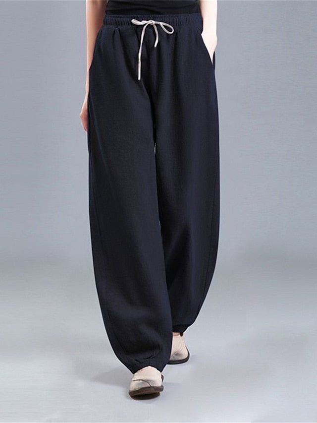 Women's Pants Trousers Linen Cotton Blend Plain Black White Vacation High Waist Full Length Outdoor Street Fall Winter