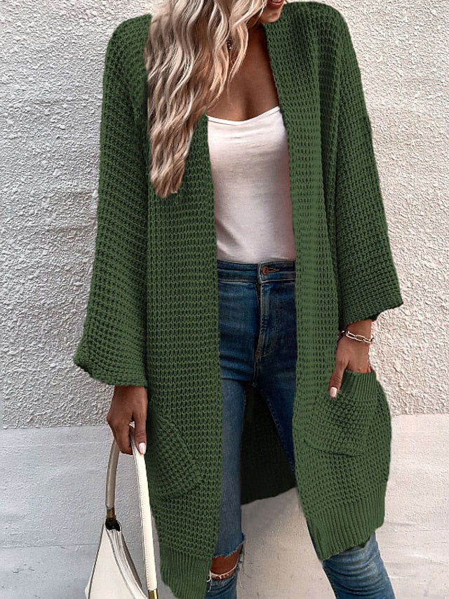 Women's Cardigan Sweater Jumper Chunky Knit Tunic Pocket Knitted Pure Color Open Front Stylish Casual Holiday Going out Winter Fall Green Pink S M L / Long Sleeve / Regular Fit