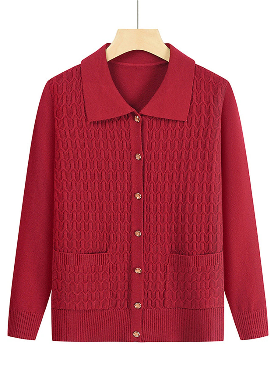 Women's Cardigan Shirt Collar Cable Knit Polyester Button Pocket Knitted Fall Winter Regular Outdoor Christmas New Year Fashion Casual Soft Long Sleeve Floral Red Purple Fuchsia XL 2XL 3XL
