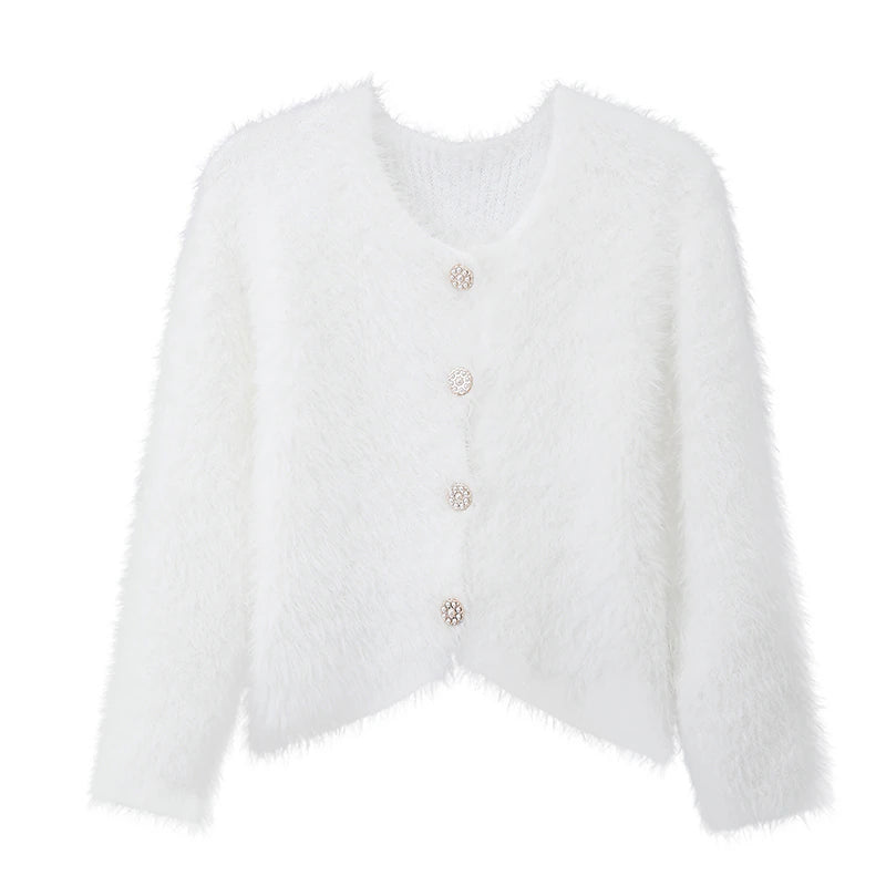 Women's Cardigan Sweater Crew Neck Ribbed Knit Polyester Imitation Mink Faux Fur Trim Fall Winter Daily Going out Weekend Stylish Casual Soft Long Sleeve Solid Color Black White Pink One-Size