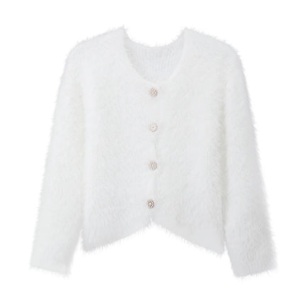 Women's Cardigan Sweater Crew Neck Ribbed Knit Polyester Imitation Mink Faux Fur Trim Fall Winter Daily Going out Weekend Stylish Casual Soft Long Sleeve Solid Color Black White Pink One-Size