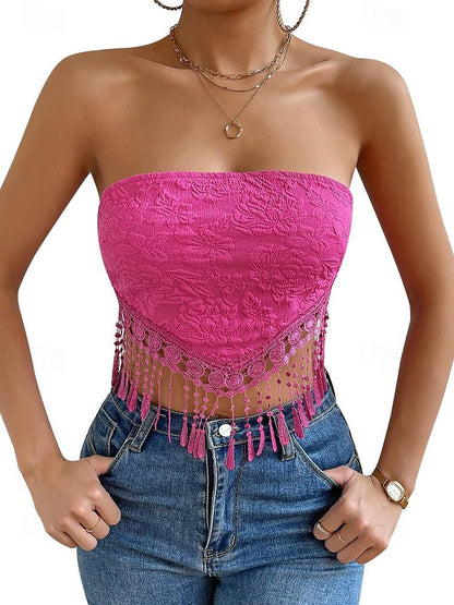 Lace Shirt Tube Top White Lace Shirt Women's White Yellow Pink Floral Tassel Street Daily Fashion S