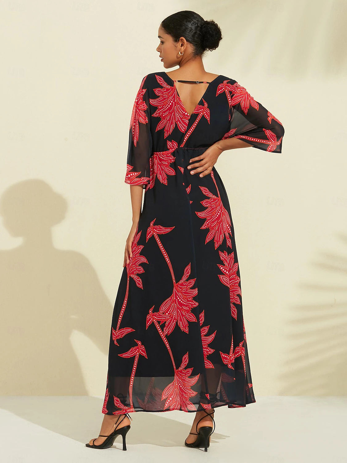Chiffon Leaf Flower Print V Neck Maxi Dress