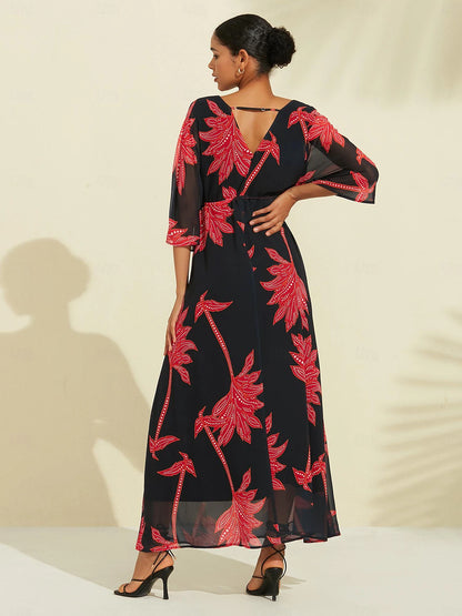 Chiffon Leaf Flower Print V Neck Maxi Dress