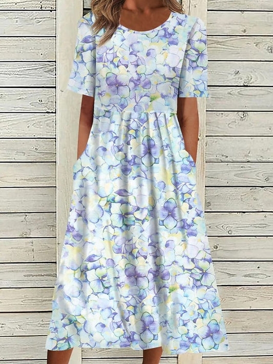 Women's Dress - Casual Dress Floral Dress Print Dress Midi Dress Light Blue Short Sleeve Print Ruched Summer Spring Crew Neck Stylish Vacation 2023 S M L XL XXL 3XL
