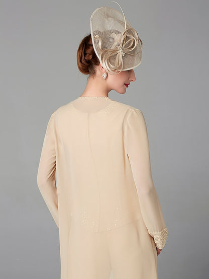 Jumpsuit / Pantsuit 3 Piece Mother of the Bride Dress Formal Plus Size Elegant Wrap Included Bateau Neck Floor Length Chiffon Sleeveless with Beading Appliques 2023 - LuckyFash™