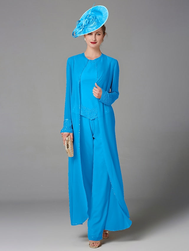 Jumpsuit / Pantsuit 3 Piece Mother of the Bride Dress Formal Plus Size Elegant Wrap Included Bateau Neck Floor Length Chiffon Sleeveless with Beading Appliques 2023 - LuckyFash™