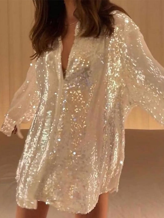Women's Dress - Shirt Dress Holiday Dress Silver Long Sleeve Pure Color Sequins Button Winter Fall Shirt Collar Stylish Casual Modern Fall Dress 2023 S M L XL / Winter Dress