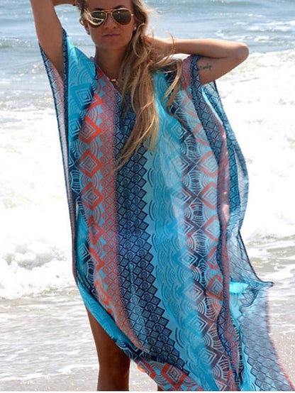 Women's Dress - Swimwear Cover Up Beach Dress Normal Swimsuit Oversized Print Blue Bathing Suits New Party Active / Casual / Padless
