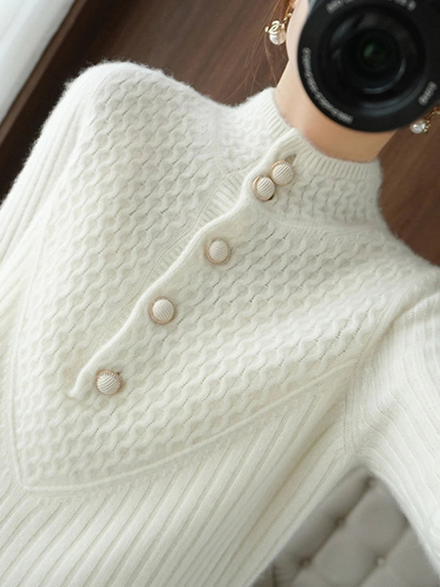 Women's Cardigan Stand Collar Ribbed Knit Polyester Button Knitted Fall Winter Regular Outdoor Daily Going out Stylish Casual Soft Long Sleeve Solid Color White Khaki S M L