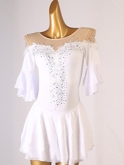 Figure Skating Dress Ruffles Crystals / Rhinestones Women's Girls' Training Performance Half Sleeve High Mesh Spandex - LuckyFash™