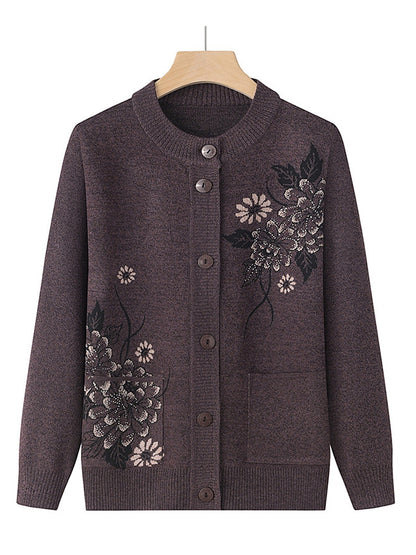 Women's Cardigan Sweater Crew Neck Ribbed Knit Polyester Button Pocket Fall Winter Outdoor Holiday Going out Stylish Casual Soft Long Sleeve Floral claret Grass Green Leather Pink XL 2XL 3XL