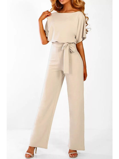 Jumpsuits for Women Summer Dressy Short Sleeve Belt Clean Fit Party Wide Leg Playsuit Long Pants Summer - LuckyFash™