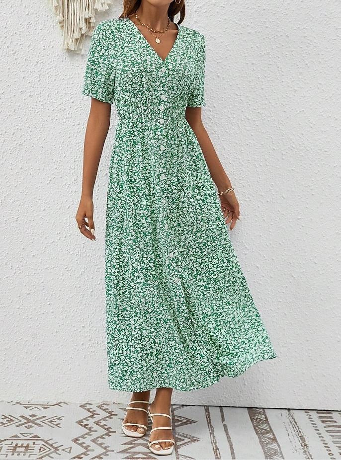 Women's Floral Maxi Dress Green Chiffon A Line Dress Tiered V Neck Hawaiian BeachVacation Short Sleeve Button Summer