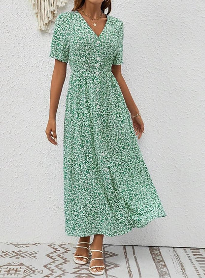 Women's Floral Maxi Dress Green Chiffon A Line Dress Tiered V Neck Hawaiian BeachVacation Short Sleeve Button Summer