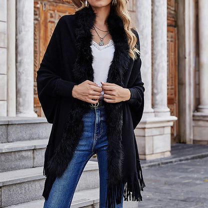 Women's Poncho Sweater Open Front Ribbed Knit Acrylic Tassel Knitted Fall Winter Tunic Outdoor Daily Going out Stylish Casual Soft Long Sleeve Pure Color Black Pink Wine S M L