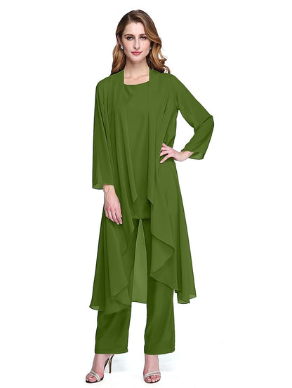 Jumpsuit / Pantsuit Mother of the Bride Dress Plus Size Elegant Bateau Neck Floor Length Chiffon Sleeveless yes with Solid Color 2023 - LuckyFash™