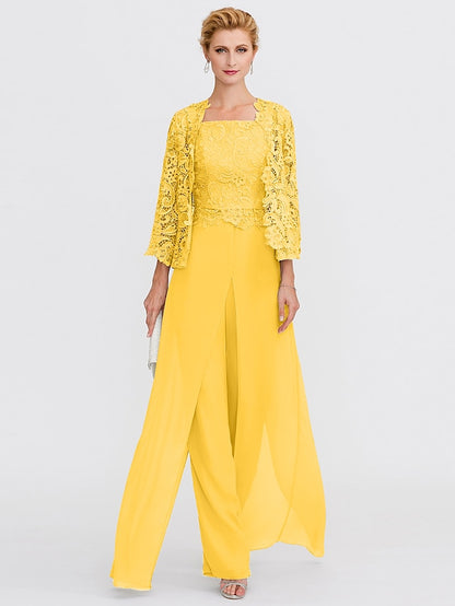 Jumpsuit / Pantsuit Mother of the Bride Dress Formal Plus Size Elegant Square Neck Floor Length Chiffon Corded Lace Sleeveless Wrap Included with Lace Appliques 2023 - LuckyFash™