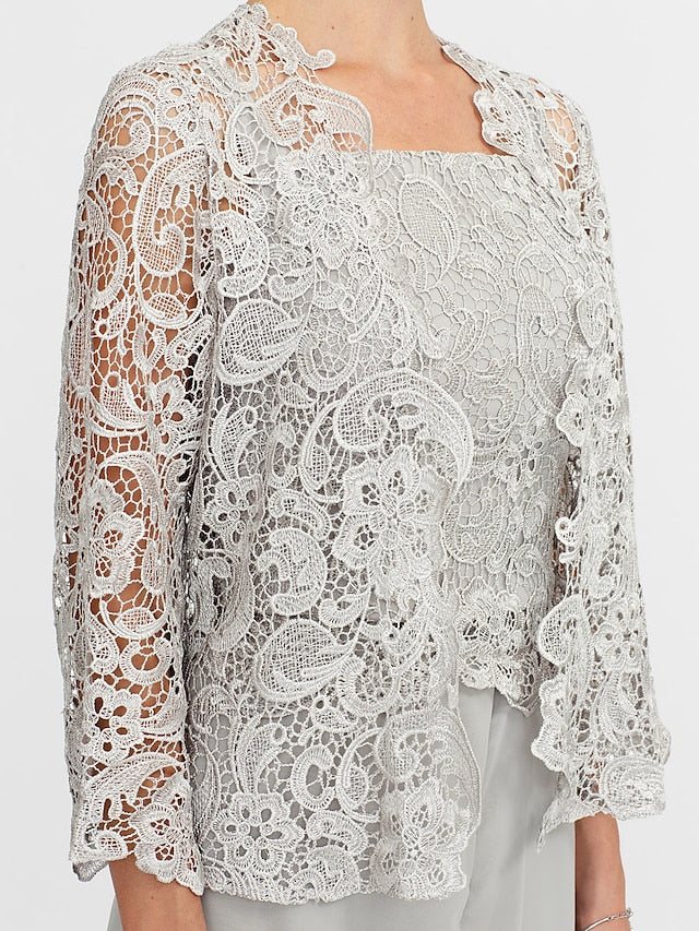 Jumpsuit / Pantsuit Mother of the Bride Dress Formal Plus Size Elegant Square Neck Floor Length Chiffon Corded Lace Sleeveless Wrap Included with Lace Appliques 2023 - LuckyFash™