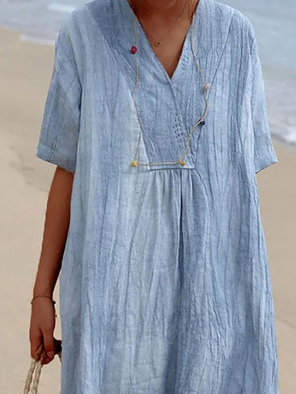 Women's Dress - Casual Dress Shift Dress Plain Dress Plain Pocket V Neck Midi Dress Fashion Basic Outdoor Daily Half Sleeve Loose Fit Blue Dark Green Summer Spring S M L XL 2XL