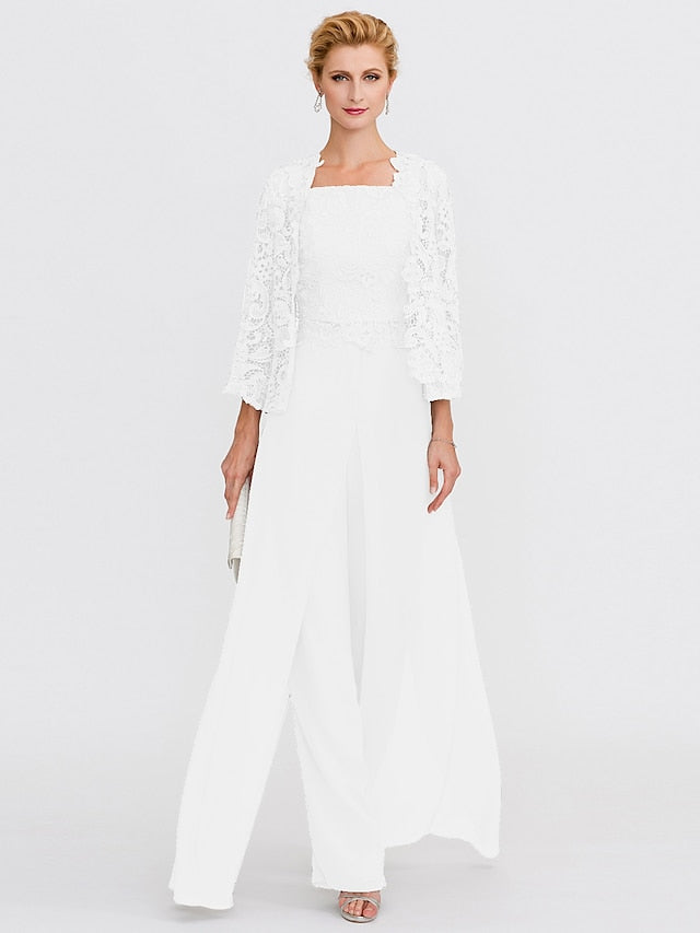 Jumpsuit / Pantsuit Mother of the Bride Dress Formal Plus Size Elegant Square Neck Floor Length Chiffon Corded Lace Sleeveless Wrap Included with Lace Appliques 2023 - LuckyFash™