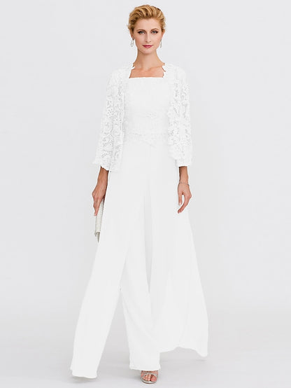 Jumpsuit / Pantsuit Mother of the Bride Dress Formal Plus Size Elegant Square Neck Floor Length Chiffon Corded Lace Sleeveless Wrap Included with Lace Appliques 2023 - LuckyFash™