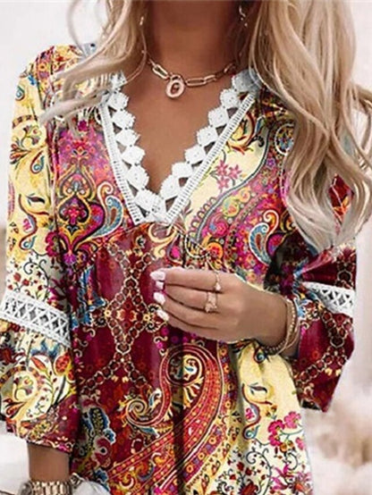 Women's Dress - Ethnic Dress Shift Dress Boho Dress Mini Dress Brown 3/4 Length Sleeve Floral Lace Summer Spring V Neck Basic Vacation Summer Dress Spring Dress Loose Fit 2023 S M L XL XXL 3XL